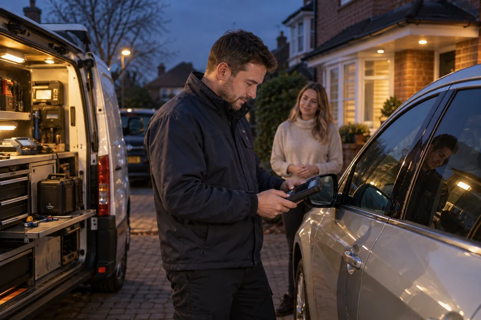 Locksmith attending a parked car during an evening callout