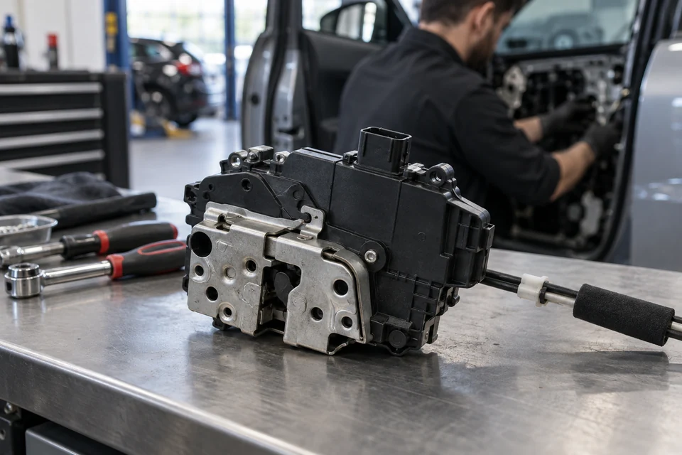 Automotive door lock assembly on a locksmith repair bench