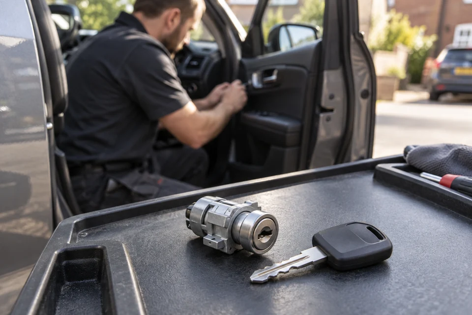 Replacement car door lock cylinder and key beside a vehicle