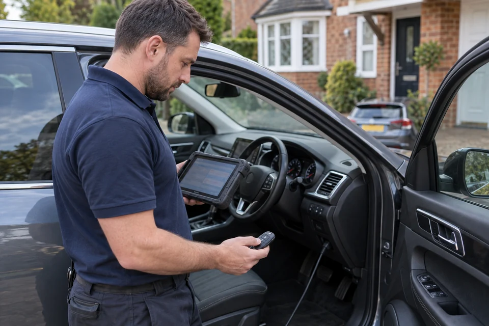 Locksmith using a diagnostic tablet beside an open car door