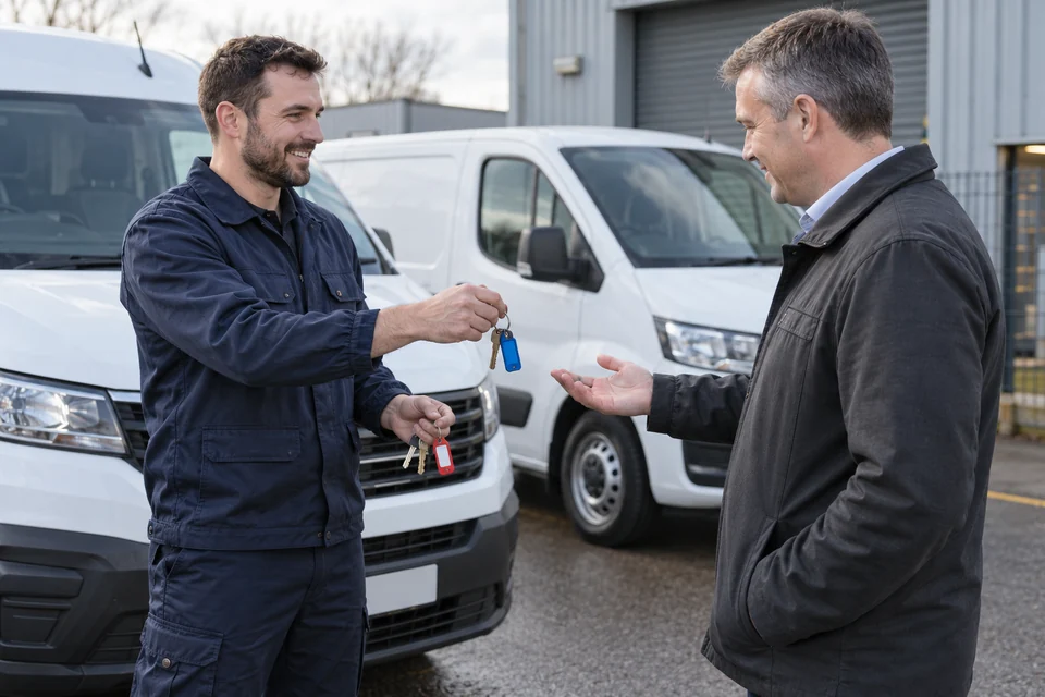 Locksmith handing vehicle key sets to a fleet manager beside two vans