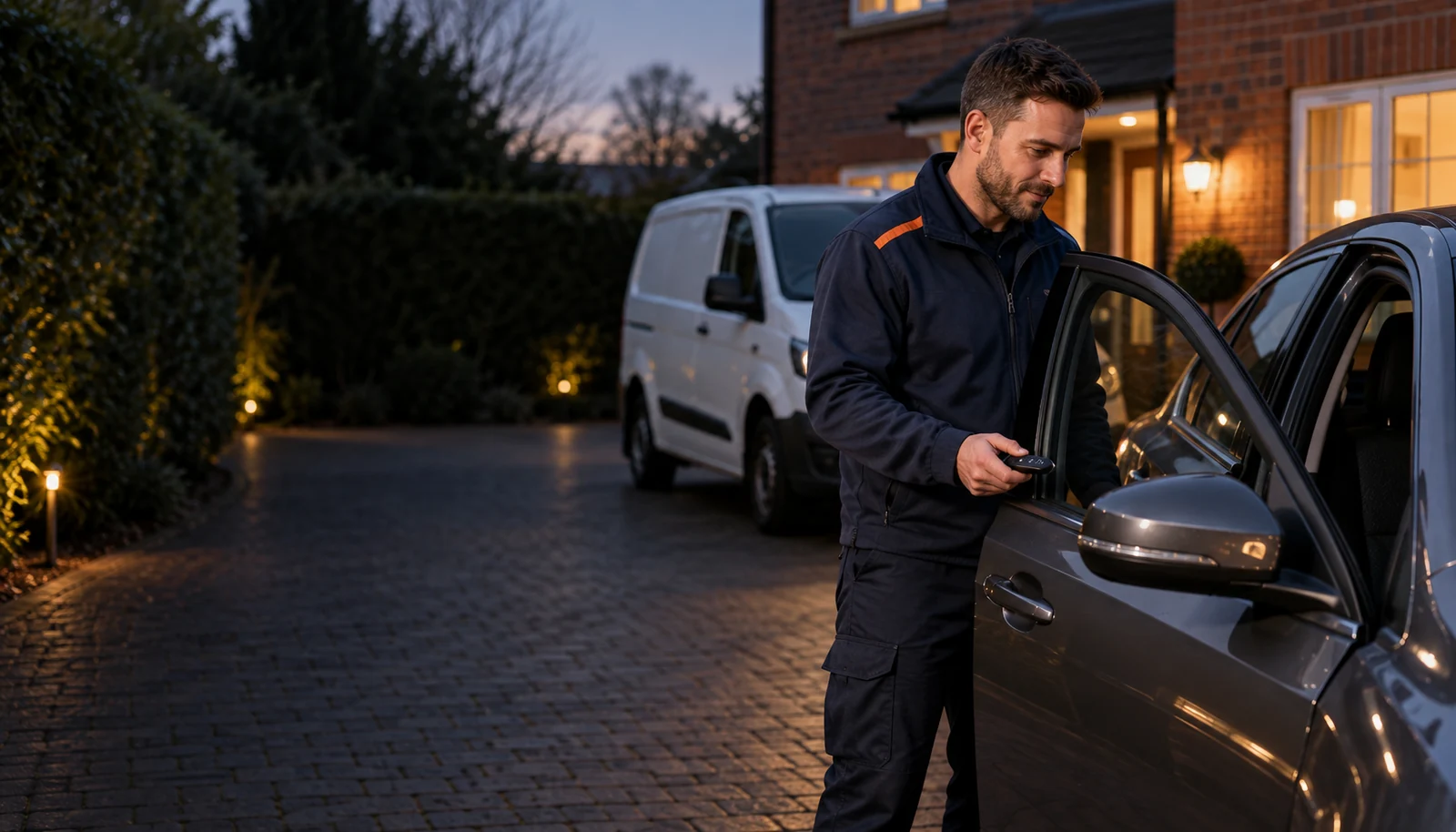 Automotive locksmith beside a parked car and service van on an evening driveway