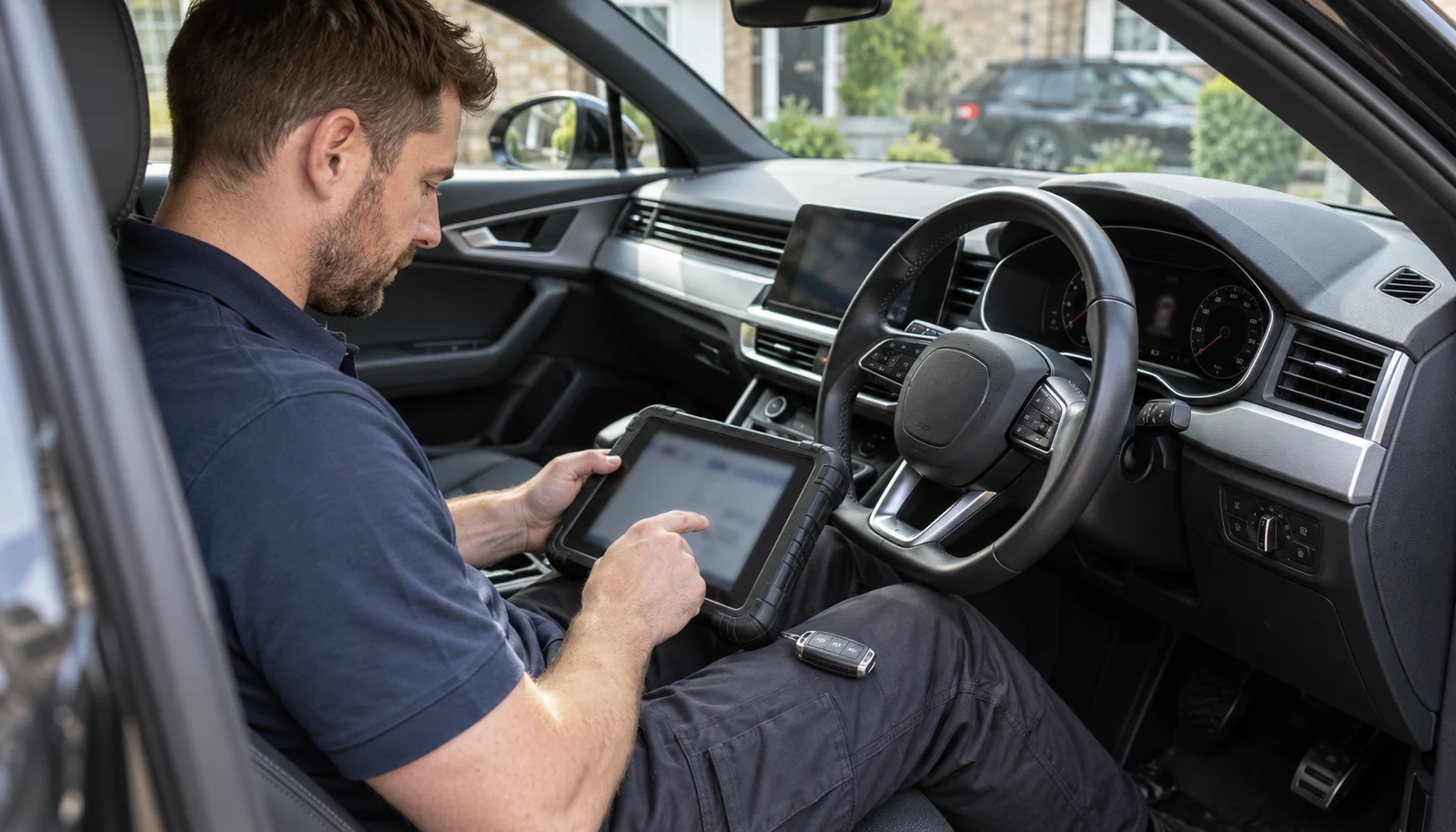 Automotive locksmith using a diagnostic tablet inside a parked car