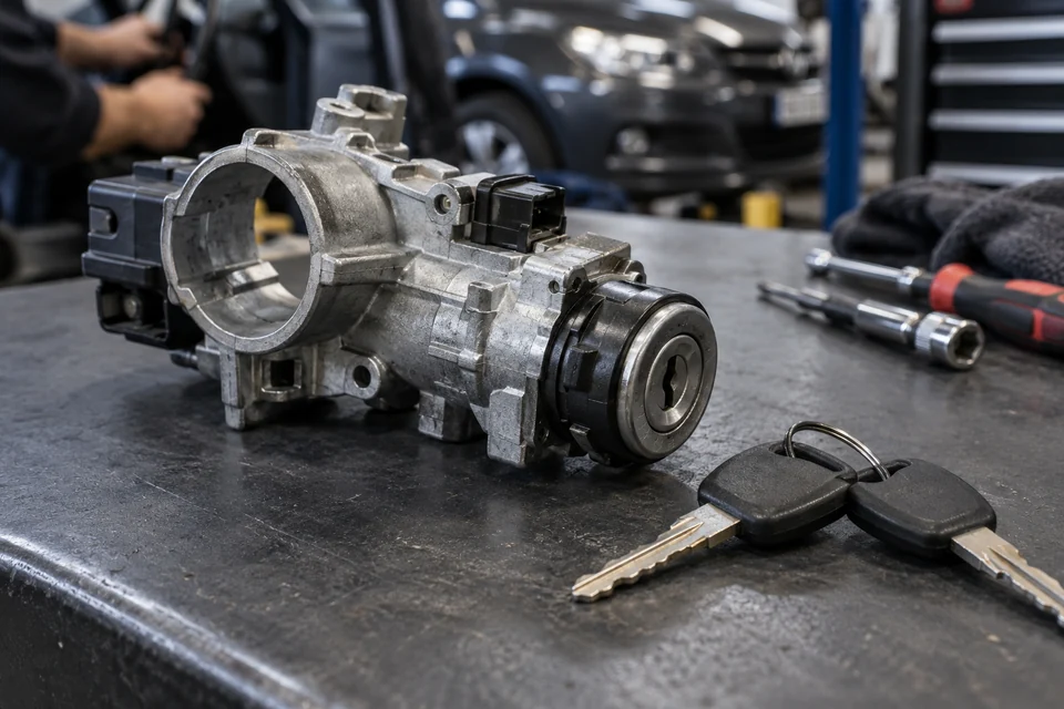Replacement automotive ignition barrel assembly on a workbench