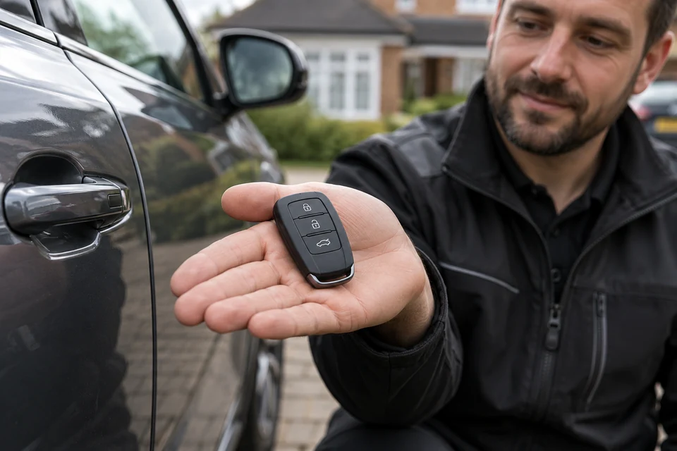 Replacement keyless smart car key held beside a graphite vehicle