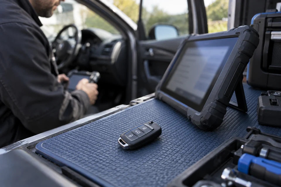 Remote car key beside a diagnostic programming tablet