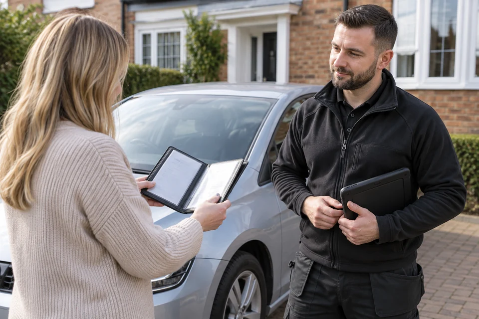 Car owner showing vehicle documents to a locksmith before key replacement