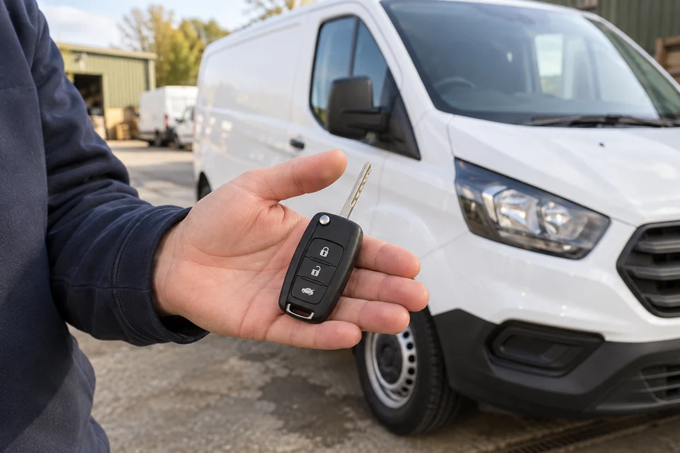 Replacement van key held in front of a white work van